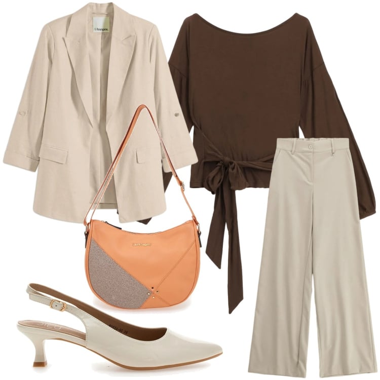 Outfit donna - Perfetta in ufficio. Stile Minimal per Ufficio. Abbinamento con blazer, top, pantaloni a palazzo, borse a tracolla, décolleté.