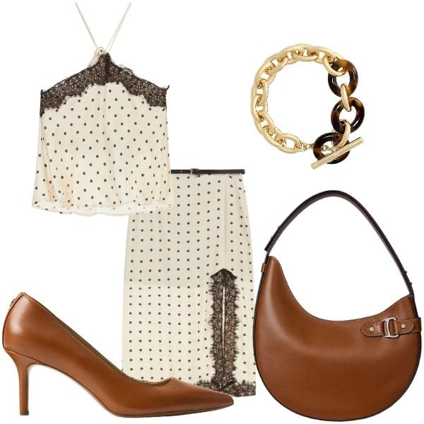 Outfit donna - il completo a pois Imperial. Stile Trendy per Tutti i giorni. Abbinamento con gonne lunghe, top, borse a spalla, décolleté, braccialetti.