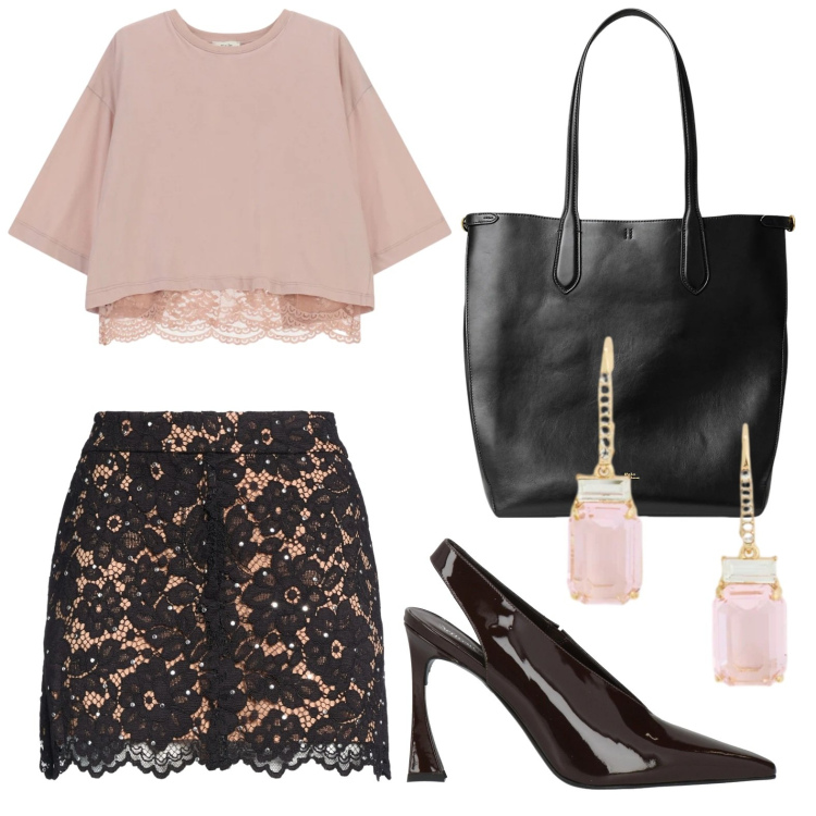 Outfit donna - Borchie e pizzo. Stile Casual per Tutti i giorni. Abbinamento con minigonne, décolleté, top, borse tote, orecchini.