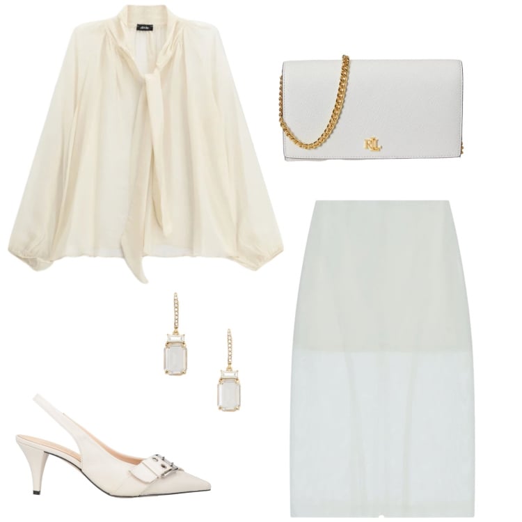 Outfit donna - Raffinatezza. Stile Bon Ton per Cerimonia. Abbinamento con décolleté, gonne longuette, bluse, orecchini, borse a tracolla.