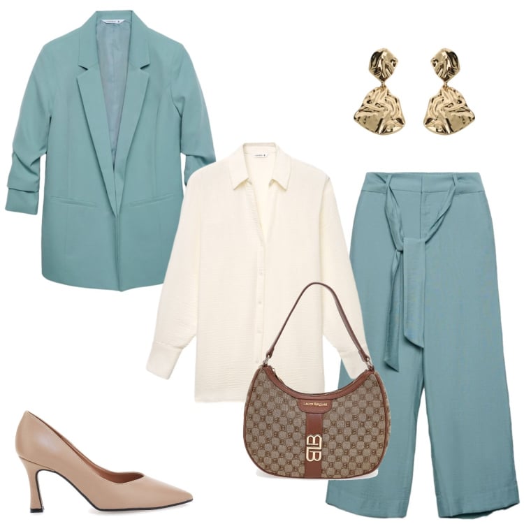 Outfit donna - Il tailleur in aprile. Stile Chic per Tutti i giorni. Abbinamento con orecchini, pantaloni a palazzo, borse a spalla, blazer, décolleté, camicie.