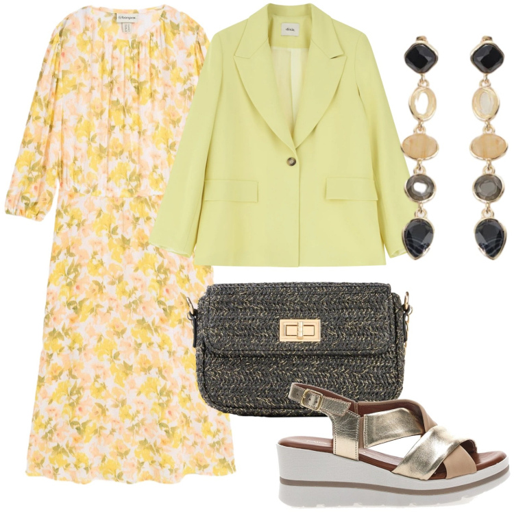 Outfit donna - Maxi vestito floreale. Stile Minimal per Tutti i giorni. Abbinamento con vestiti, borse a tracolla, cappelli con visiera, blazer, sandali in pelle.