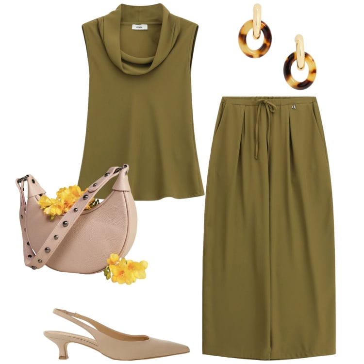 Outfit donna - Dixie. Stile Minimal per Tutti i giorni. Abbinamento con pantaloni a palazzo, borse a spalla, top, décolleté, orecchini.