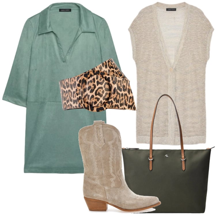 Outfit donna - Vestito a polo. Stile Minimal per Tutti i giorni. Abbinamento con cinture, vestiti corti, maglieria, borse tote, stivaletti texani.