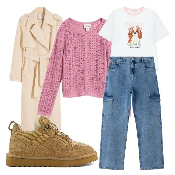 Outfit donna - Curve in movimento coi jeans cargo. Stile Basic per Tutti i giorni. Abbinamento con trench, cardigans, t-shirt, sneakers alte, jeans dritti.