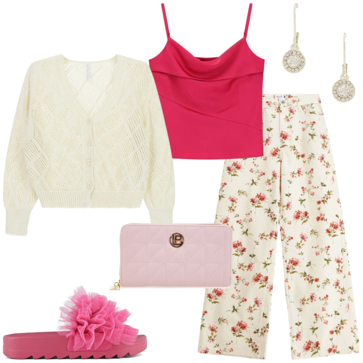 Outfit donna - Look casual e romantico. Stile Casual per Tutti i giorni. Abbinamento con canottiere, cardigans, pantaloni a palazzo, orecchini, portafogli, ciabatte.