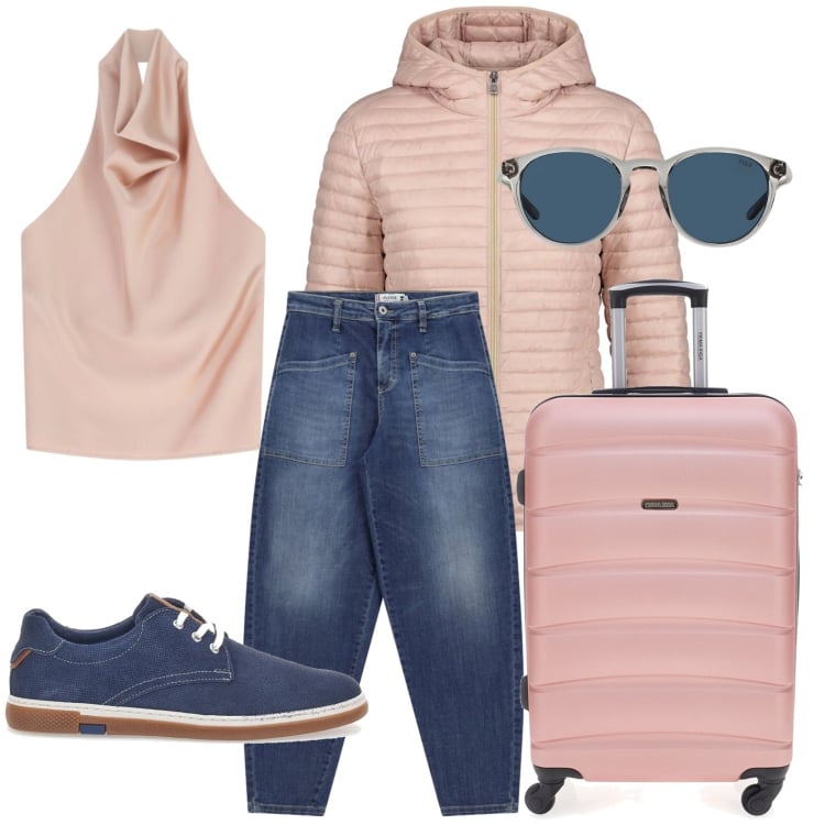 Outfit donna - Weekend italiano. Stile Minimal per Tutti i giorni. Abbinamento con jeans, top, piumini, occhiali da sole, scarpe stringate, valigie.