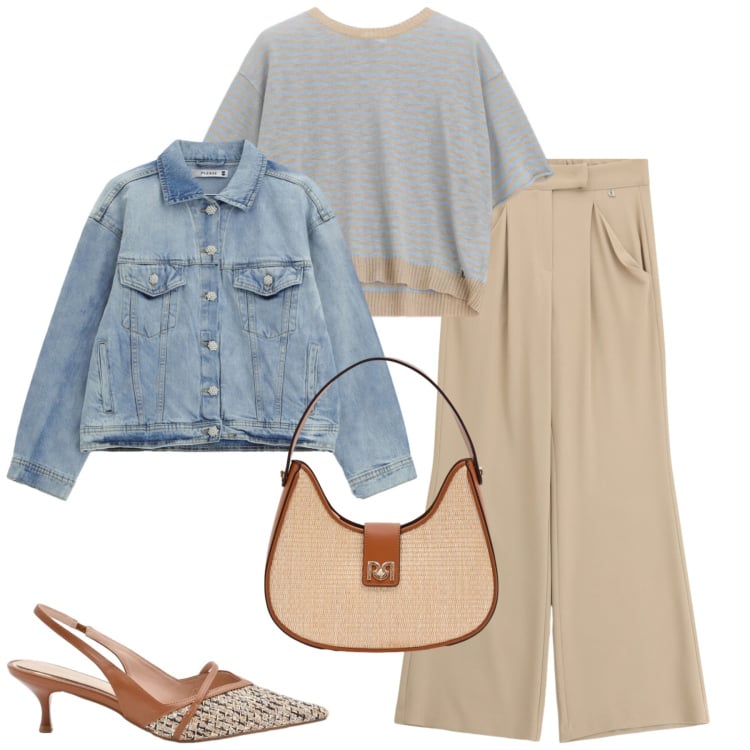 Outfit donna - City. Stile Casual chic per Tutti i giorni. Abbinamento con borse a spalla, décolleté, maglieria, pantaloni a palazzo, blazer.