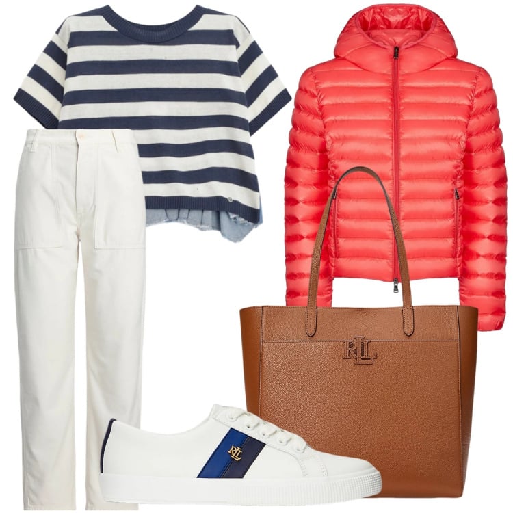 Outfit donna - Righe primaverili. Stile Minimal per Tutti i giorni. Abbinamento con t-shirt, bomber, sneakers, pantaloni, borse tote.
