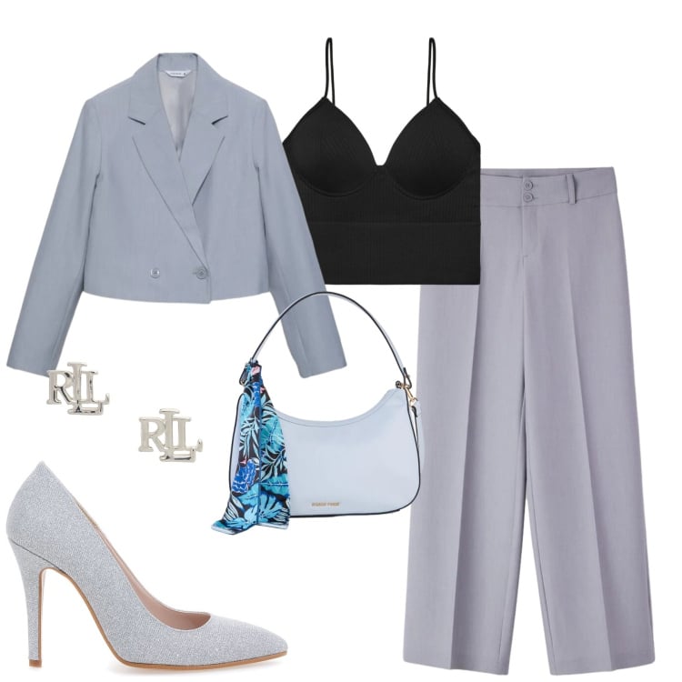 Outfit donna - City. Stile Urban per Tutti i giorni. Abbinamento con borse a mano, orecchini, décolleté, blazer, pantaloni, top.