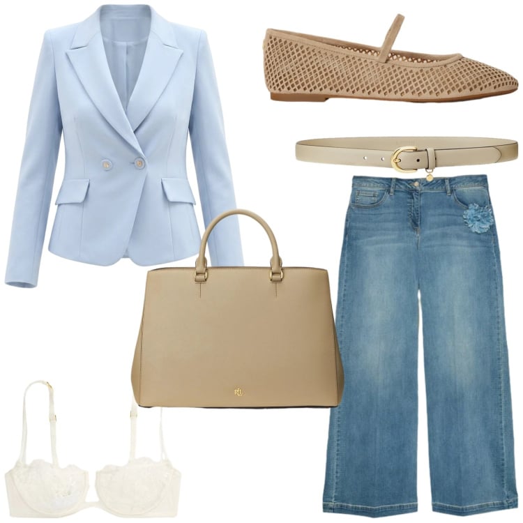 Outfit donna - Eleganza moderna e easy. Stile Casual chic per Tutti i giorni. Abbinamento con jeans, blazer, cinture, borse a mano, ballerine, reggiseni a balconcino.