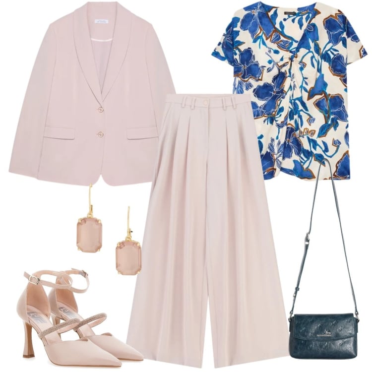 Outfit donna - Colori che illuminano-focus donna curvy. Stile Chic per Cerimonia. Abbinamento con blazer, bluse, pantaloni a palazzo, borse a tracolla, orecchini, décolleté.