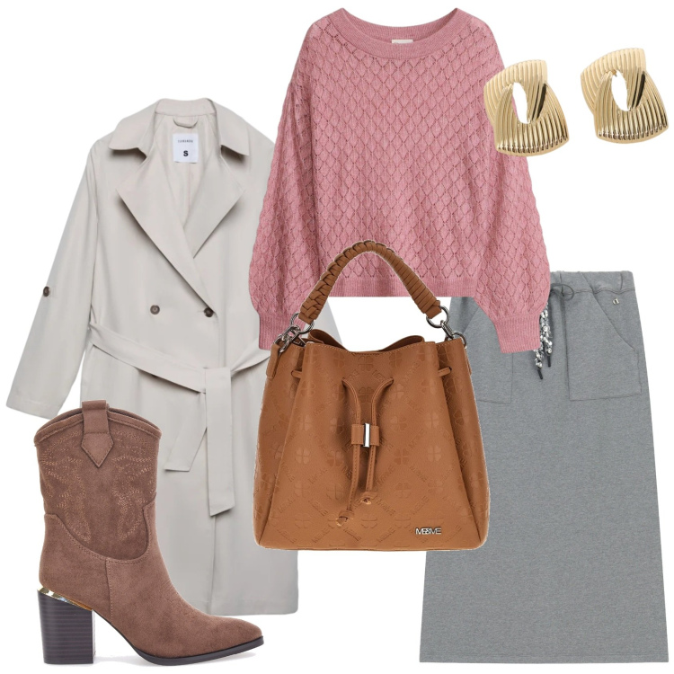 Outfit donna - Il ritorno del grigio in primavera. Stile Casual chic per Tutti i giorni. Abbinamento con maglieria, orecchini, gonne lunghe, stivaletti texani, trench, borse a tracolla.