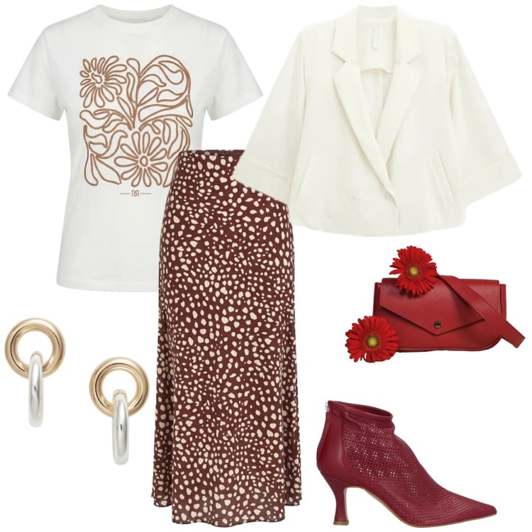 Outfit donna - Rosso primavera. per Tutti i giorni. Abbinamento con stivaletti, blazer, gonne lunghe, t-shirt, borse a tracolla, orecchini.