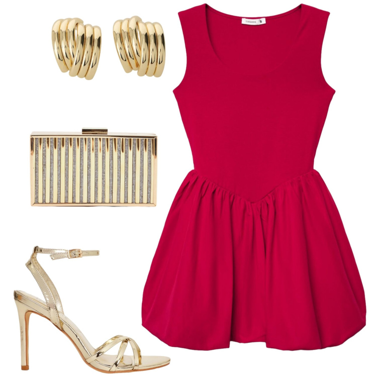 Outfit donna - Party time. Stile Glamour per Serata fuori. Abbinamento con clutch, orecchini, vestiti corti, sandali col tacco.