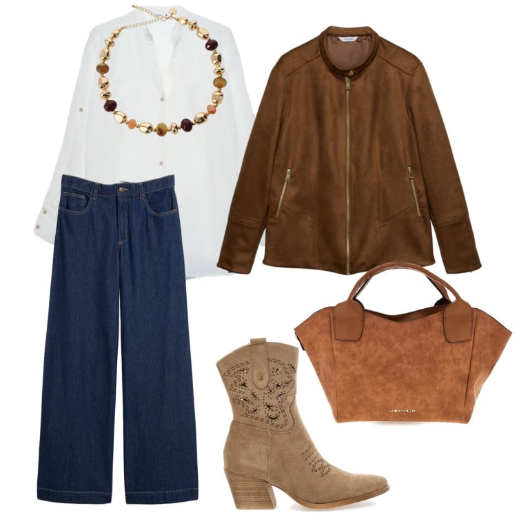 Outfit donna - Camoscio. per Tutti i giorni. Abbinamento con jeans dritti, giacche, camicie, collane, stivaletti texani, borse a mano.