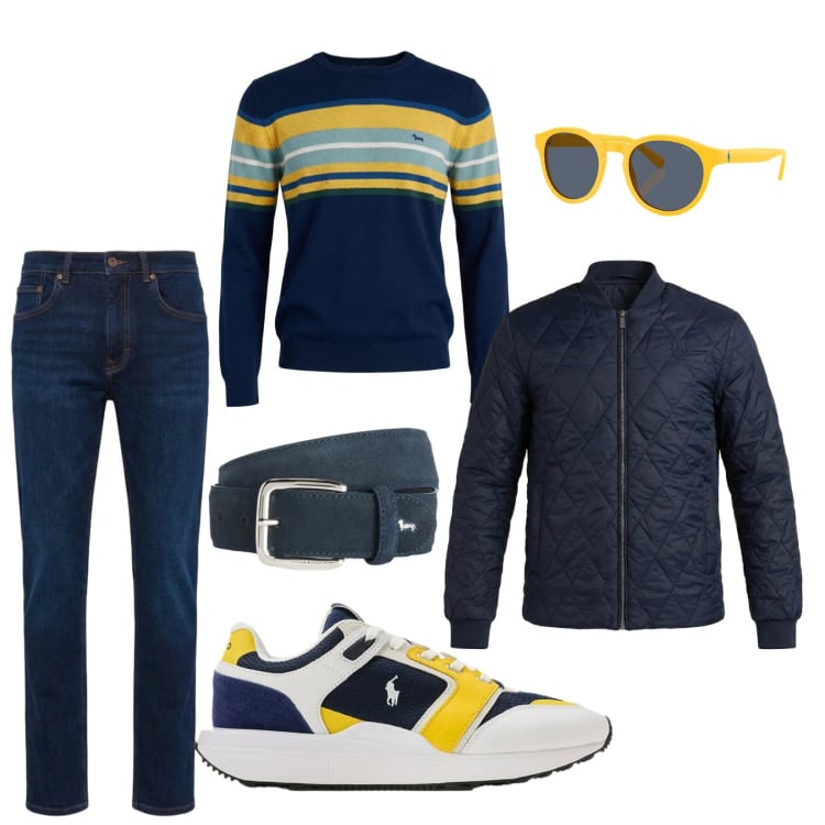 Outfit uomo - Aspettando il sole. Stile Casual per Ufficio. Abbinamento con cinture, pullovers, jeans, giacche, sneakers, occhiali da sole.