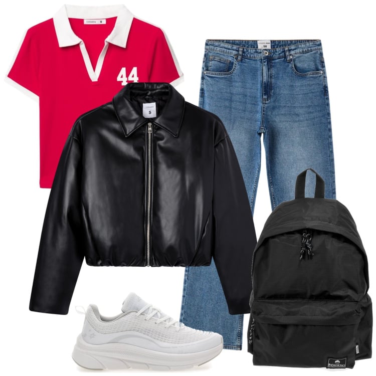 Outfit donna - Total look #2375348. Stile Basic per Tutti i giorni. Abbinamento con scarpe sportive, giacche, jeans dritti, polo, zaini.