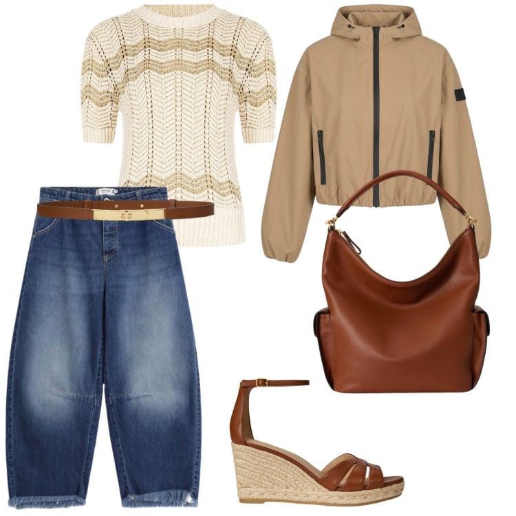 Outfit donna - Il mare in città. per Mare. Abbinamento con t-shirt, jeans, borse a spalla, zeppe, cinture, bomber.