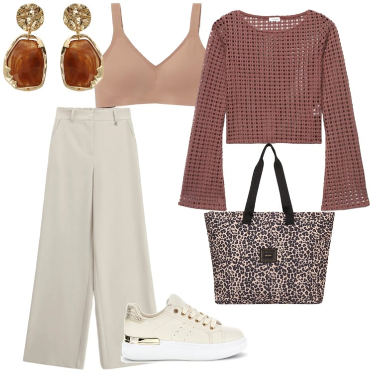 Outfit donna - Primavera calda. per Tutti i giorni. Abbinamento con bralette, maglieria, pantaloni a palazzo, orecchini, shopping bag, sneakers.