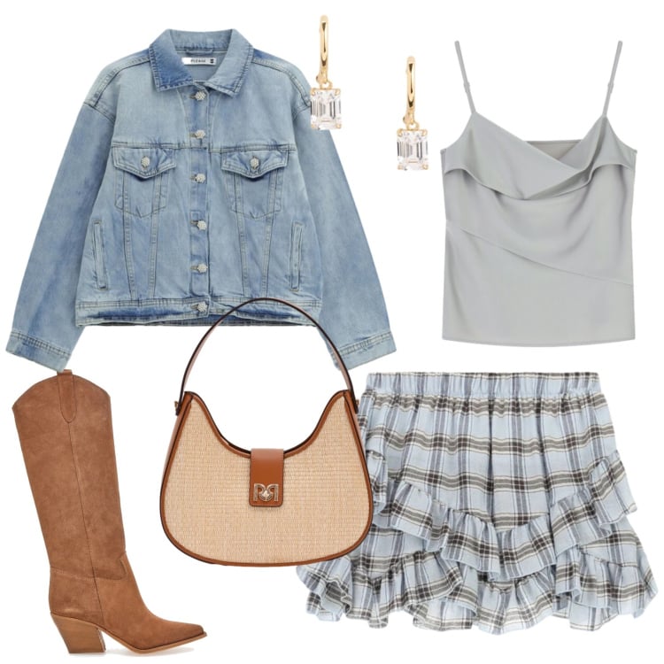 Outfit donna - Il ritorno del grigio in primavera. Stile Trendy per Serata fuori. Abbinamento con canottiere, borse a spalla, minigonne, blazer, orecchini, stivali.