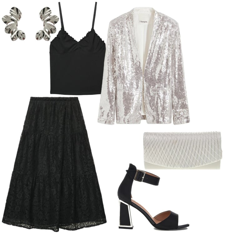 Outfit donna - Serata speciale. per Serata fuori. Abbinamento con blazer, gonne lunghe, canottiere, orecchini, pochette, sandali col tacco.