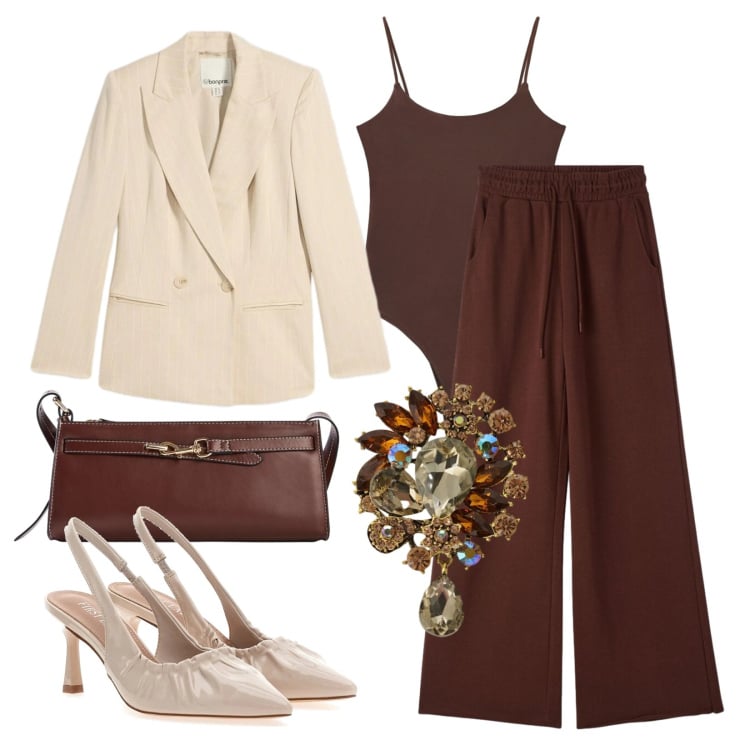 Outfit donna - Minimal chic. Stile Chic per Serata fuori. Abbinamento con blazer, borse a tracolla, top, pantaloni, cappotti, décolleté.