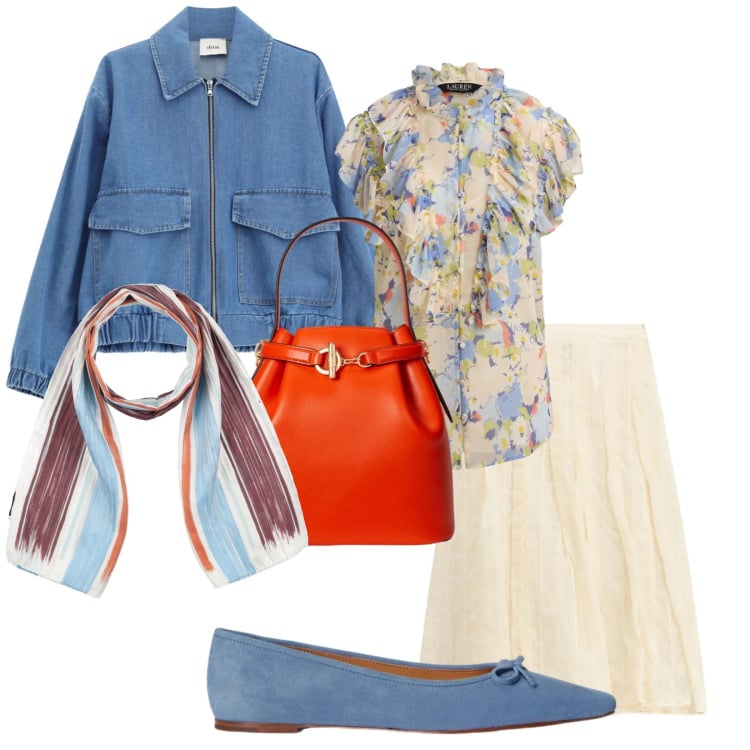 Outfit donna - Longuette e giacca jeans. Stile Casual per Ufficio. Abbinamento con sciarpe, gonne longuette, blazer, borse a secchiello, ballerine, camicie a manica corta.