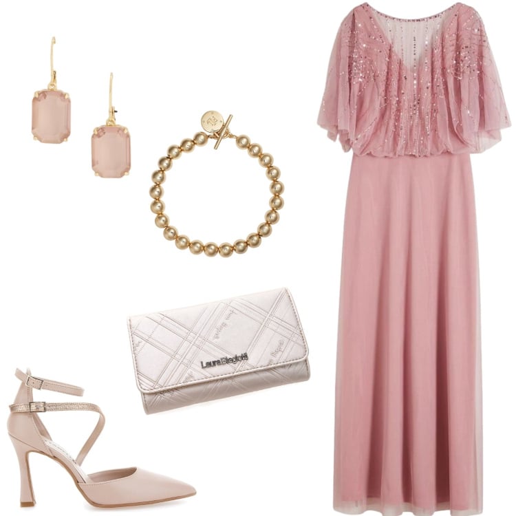 Outfit donna - L\'abito in tulle con paillettes. Stile Chic per Cerimonia. Abbinamento con vestiti lunghi, braccialetti, orecchini, portafogli, décolleté.