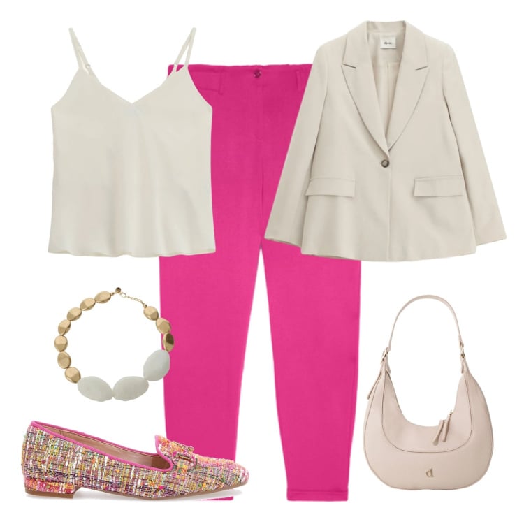 Outfit donna - Colori che illuminano. Stile Minimal per Ufficio. Abbinamento con top, blazer, borse a tracolla, collane, pantaloni, mocassini.