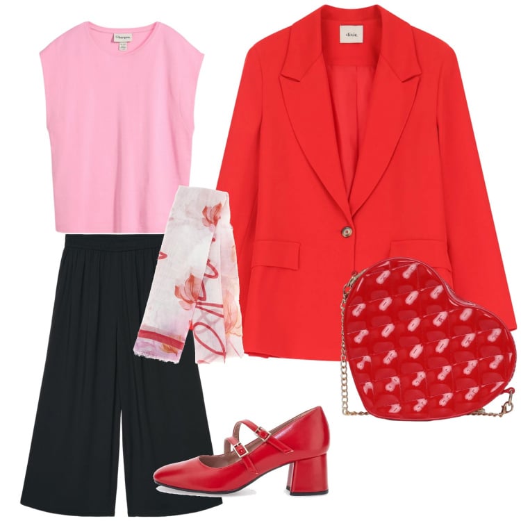 Outfit donna - Rossa primavera. per Tutti i giorni. Abbinamento con bluse, blazer, décolleté, pantaloni a palazzo, borse a tracolla, foulard.