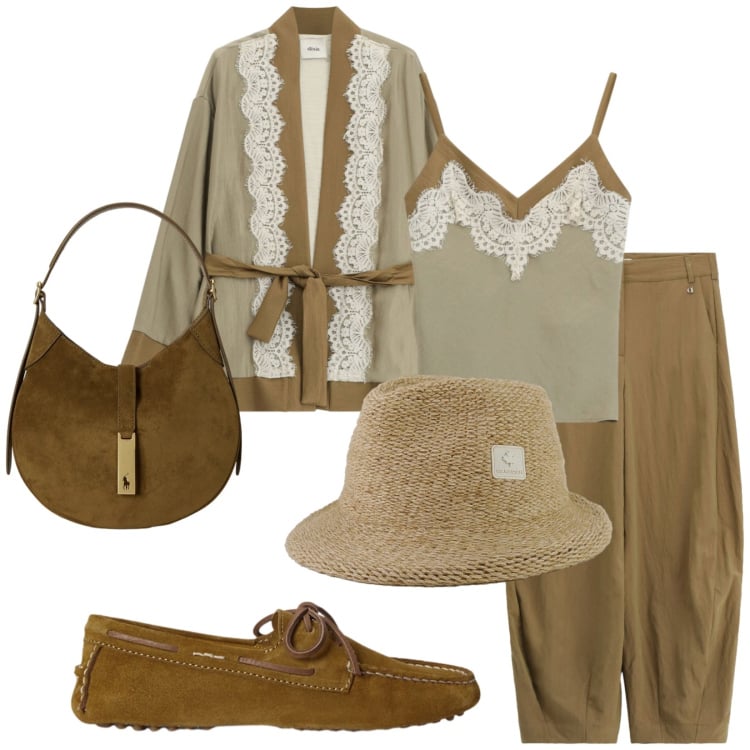 Outfit donna - Toni caldi e freddi. Stile Trendy per Tutti i giorni. Abbinamento con pantaloni a palazzo, cappotti, top, cappelli, borse a spalla, mocassini.