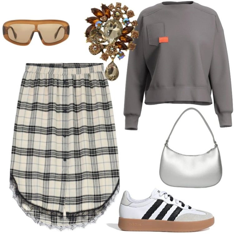 Outfit donna - Total look #2375362. Stile Urban per Tutti i giorni. Abbinamento con occhiali da sole, gonne, cappotti, felpe, borse a tracolla, sneakers.