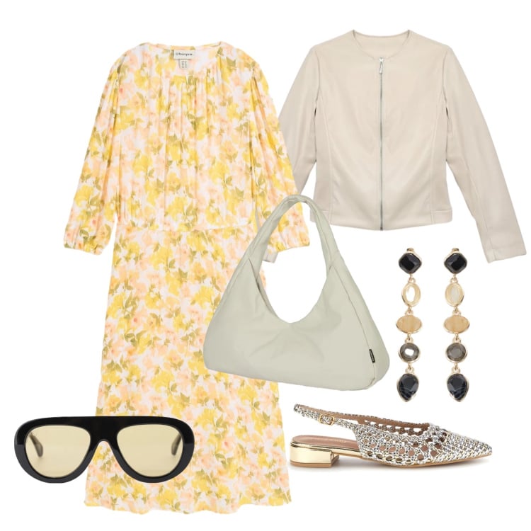 Outfit donna - Aprile. Stile Trendy per Tutti i giorni. Abbinamento con vestiti, occhiali da sole, cappelli con visiera, borse a spalla, giacche, sandali.