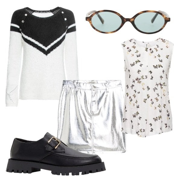 Outfit donna - Curve in movimento gonna metallizzata. Stile Glamour per Tutti i giorni. Abbinamento con canottiere, maglieria, mocassini, minigonne, occhiali da sole.