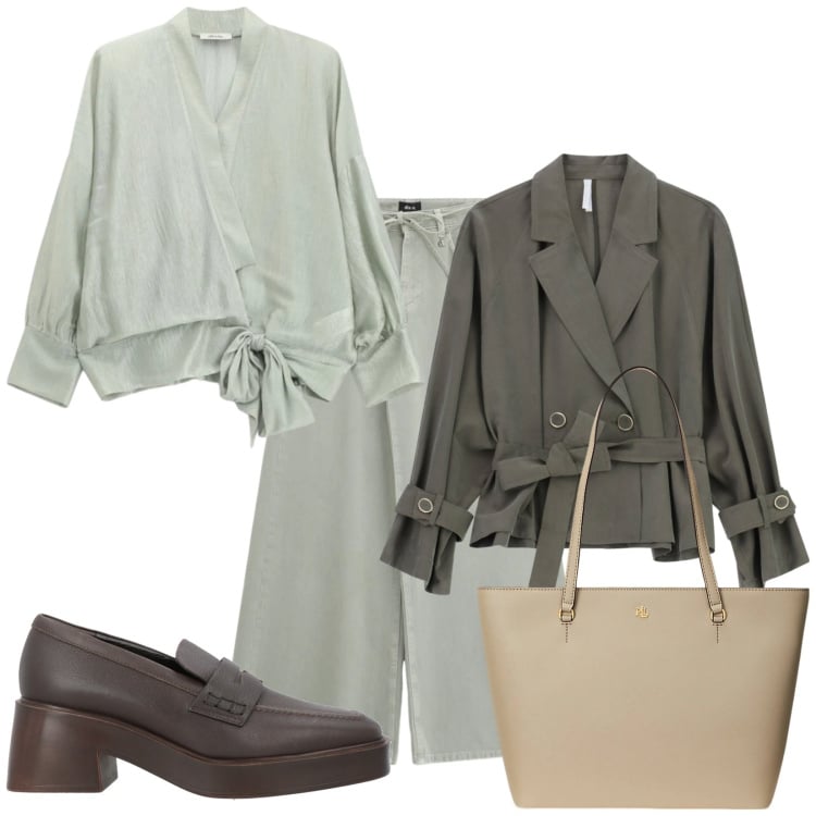 Outfit donna - Verde cenere. Stile Chic per Tutti i giorni. Abbinamento con mocassini, blazer, bluse, jeans, borse tote.