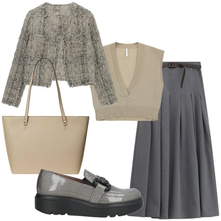 Outfit donna - Top e mocassini. Stile Chic per Ufficio. Abbinamento con mocassini, top, gonne lunghe, cappotti, borse tote.