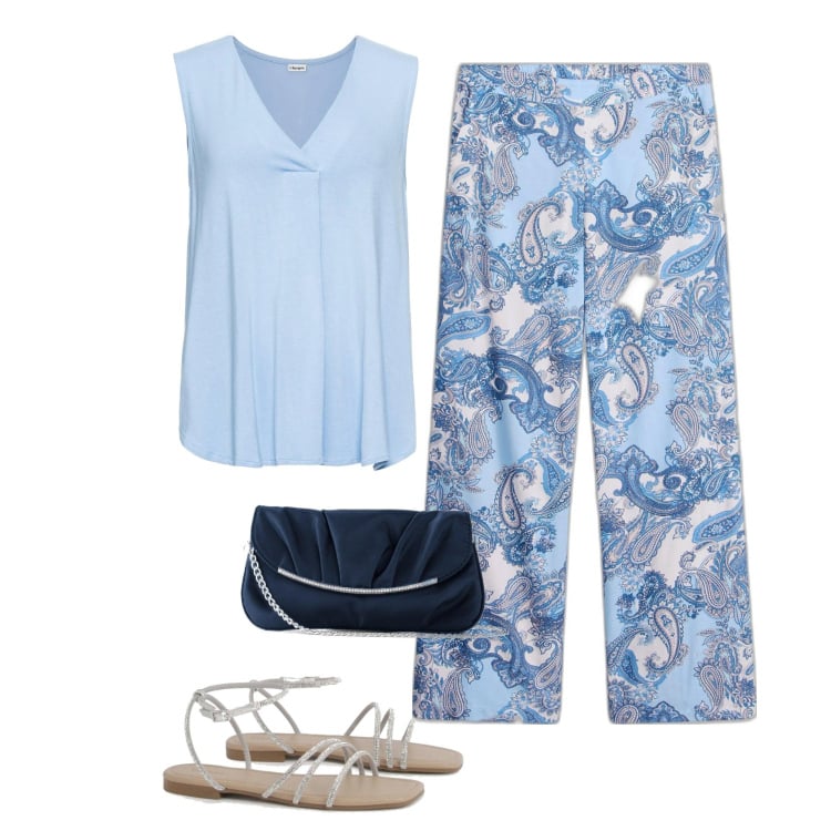 Outfit femme - Pantalon imprimé paisley. Style Boho pour Soirée dehors. Assortir avec pochette, hauts, pantalon , sandales.