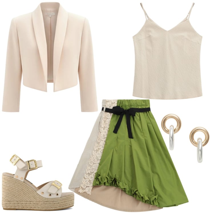 Outfit donna - Elegante ma non troppo. Stile Casual chic per Serata fuori. Abbinamento con canottiere, bolero, gonne longuette, orecchini, zeppe.