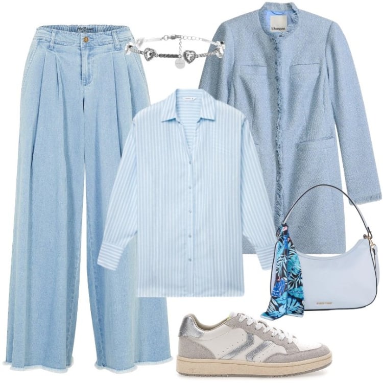 Outfit donna - Bella borsa celeste con fiocco. Stile Casual per Scuola/Università. Abbinamento con gonne, blazer, borse a mano, braccialetti, camicie, sneakers.