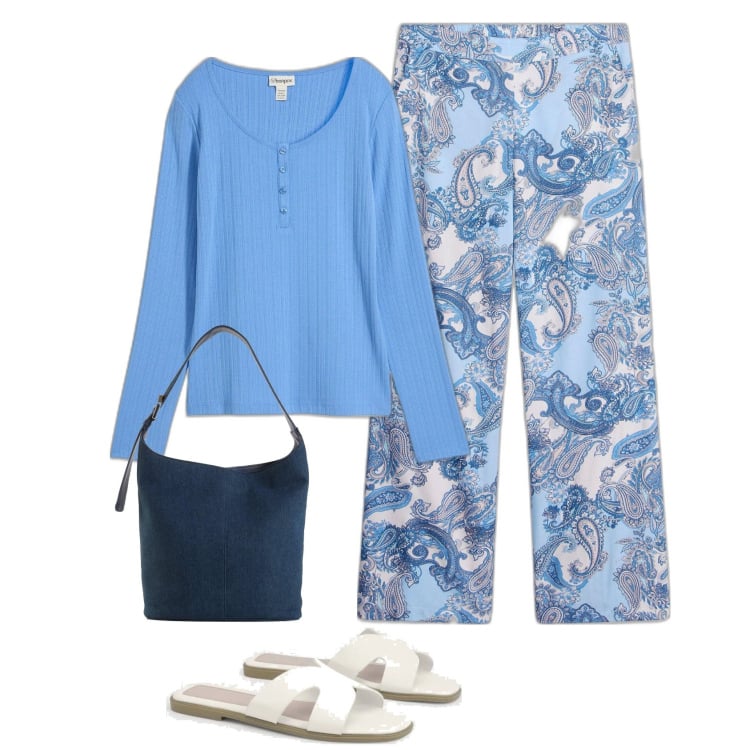 Outfit femme - Pantalon imprimé paisley. Style Casual chic pour Tous les jours. Assortir avec sacs seau, t-shirts, pantalon , sandales.