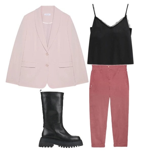 Outfit donna - Rosa che illumina. Stile Preppy per Scuola/Università. Abbinamento con stivali, blazer, pantaloni, canottiere.