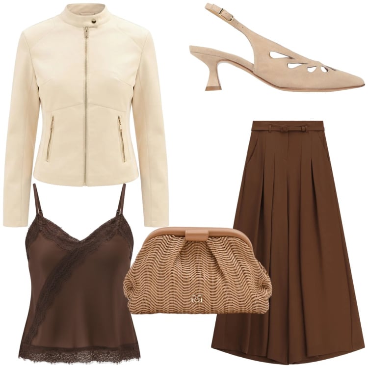 Outfit donna - Stile quotidiano. Stile Chic per Tutti i giorni. Abbinamento con décolleté, pantaloni a palazzo, giacche, canottiere, pochette.