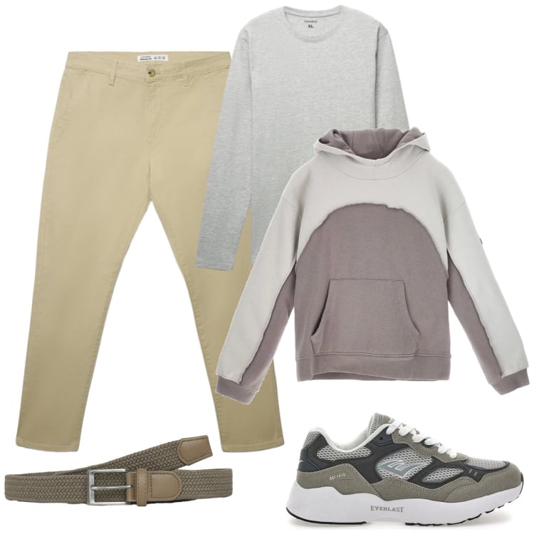 Outfit uomo - Passeggiata al parco. Stile Casual per Tutti i giorni. Abbinamento con sneakers, cinture, t-shirt, pantaloni chino, felpe con cappuccio.