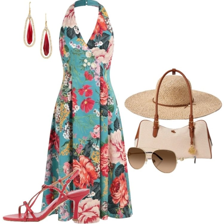 Outfit donna - Abito chic stampa vivace e brillate. Stile Chic per Tutti i giorni. Abbinamento con sandali in pelle, vestiti midi/longuette, occhiali da sole, orecchini, borse a mano, cappelli.