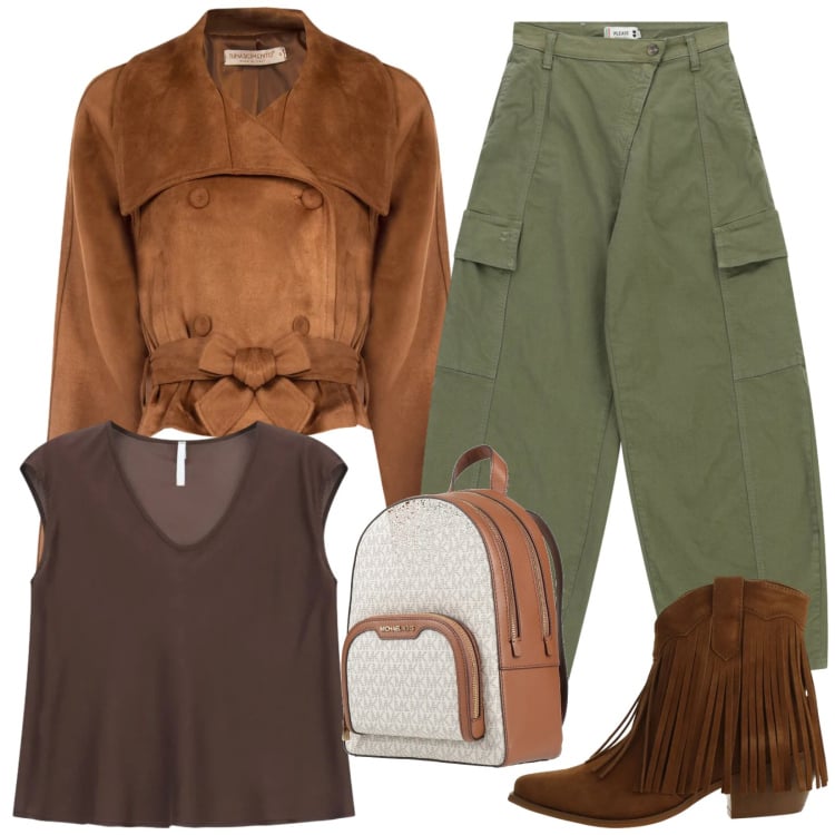 Outfit donna - Travel girl. Stile Casual chic per Tutti i giorni. Abbinamento con zaini, pantaloni cargo, stivaletti texani, top, giacche.