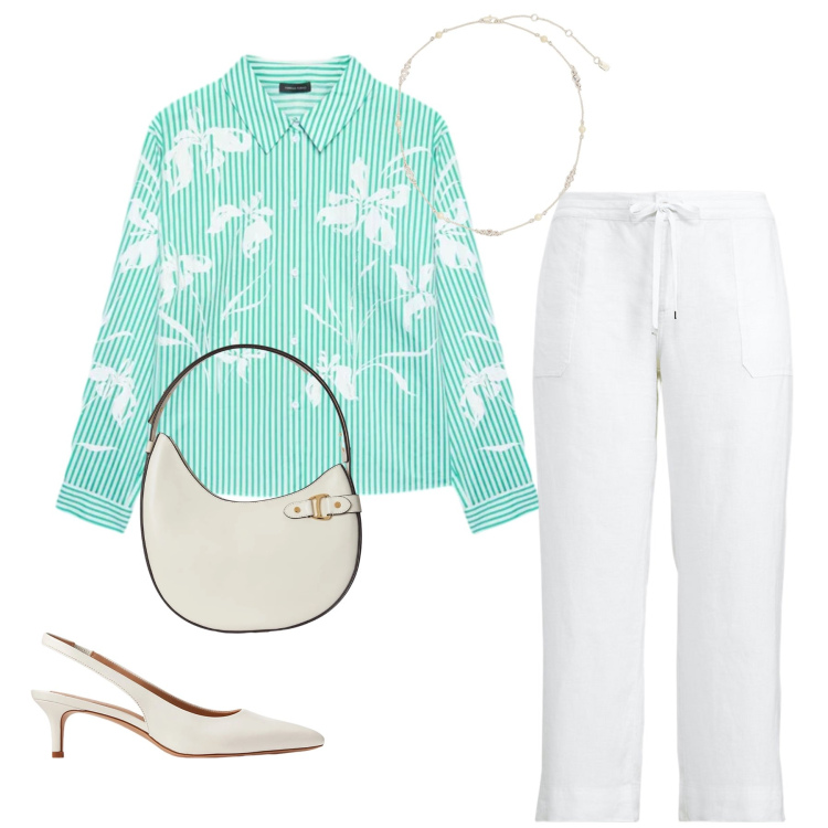 Outfit donna - Freschezza Estiva. Stile Casual chic per Tutti i giorni. Abbinamento con camicie, décolleté, pantaloni, borse a spalla, collane.