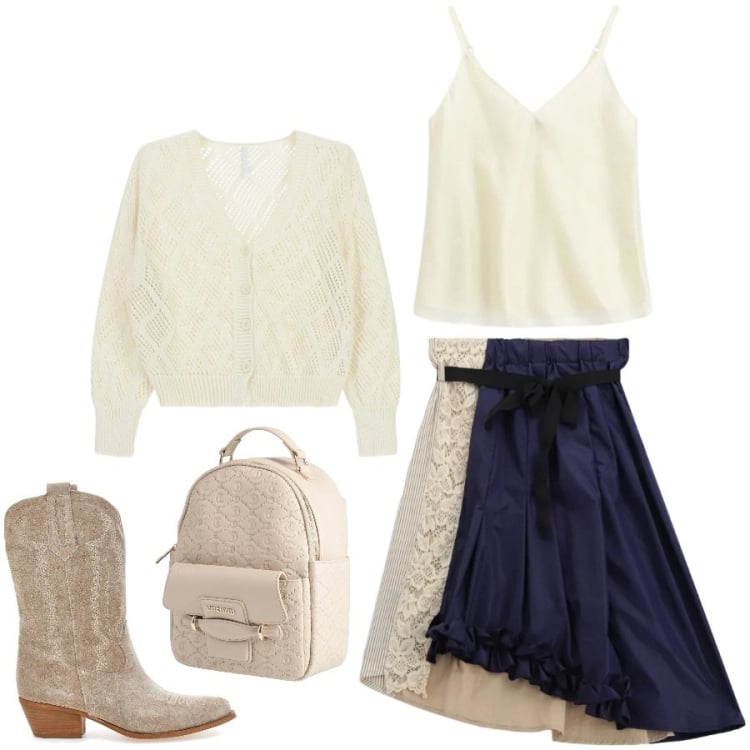 Outfit donna - Total look #2375391. Stile Trendy per Serata fuori. Abbinamento con zaini, cardigans, top, gonne longuette, stivaletti texani.