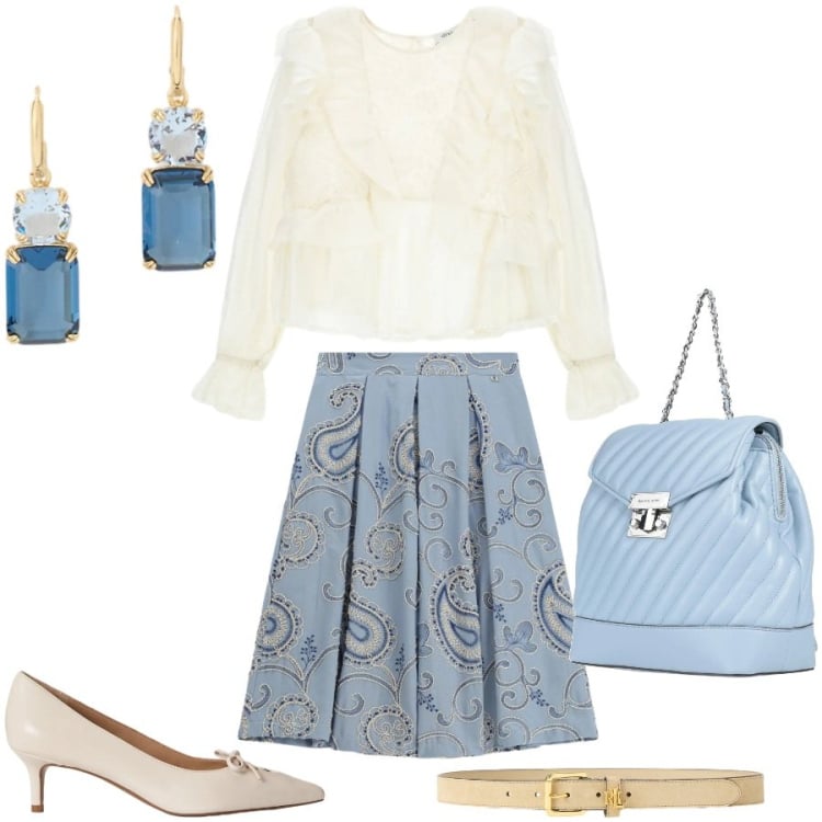 Outfit donna - Total look #2375396. Stile Bon Ton per Cerimonia. Abbinamento con zaini, gonne longuette, bluse, décolleté, cinture, orecchini.