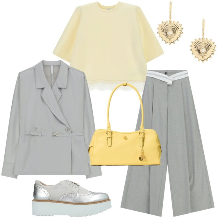 Outfit donna - Giallo burro e grigio in primavera. Stile Trendy per Tutti i giorni. Abbinamento con scarpe stringate, blazer, pantaloni a palazzo, t-shirt, orecchini, borse a mano.